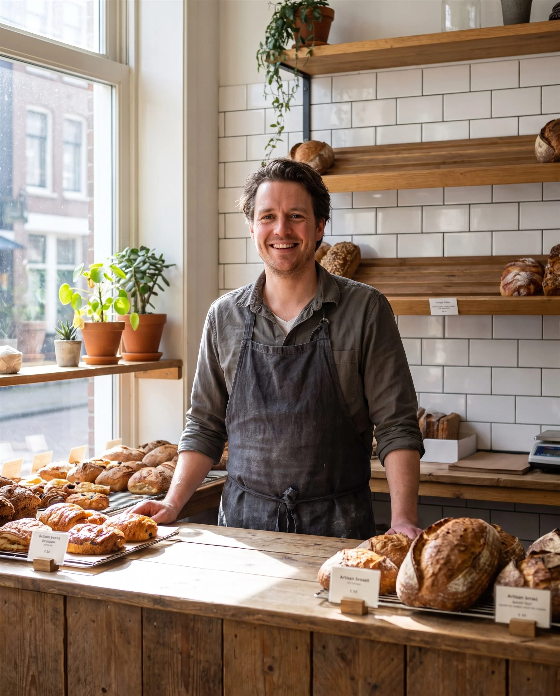 Ondernemer achter de toonbank van een kleine bakkerij